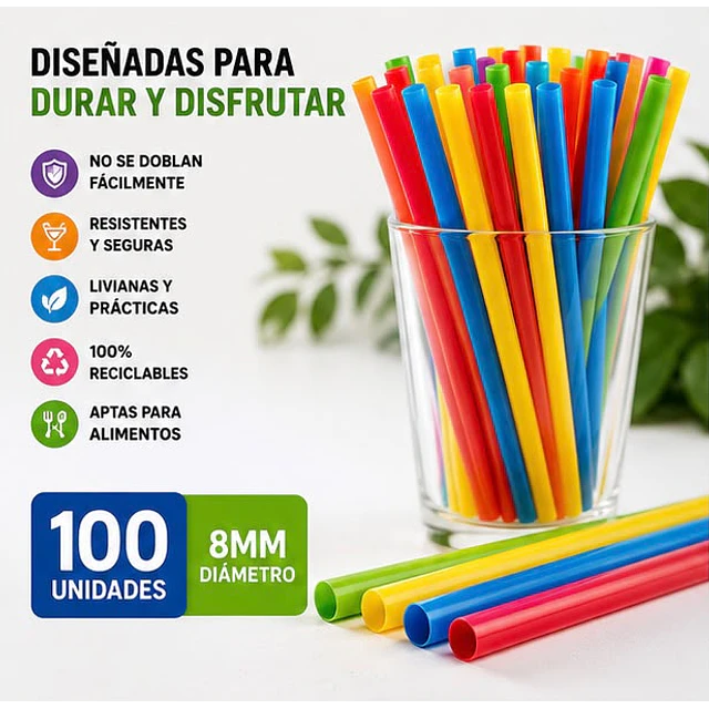 Bombilla Plastica 8 mm X 20.5 cm Surtida Desechable