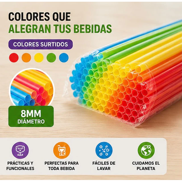 Bombilla Plastica 8 mm X 20.5 cm Surtida Desechable
