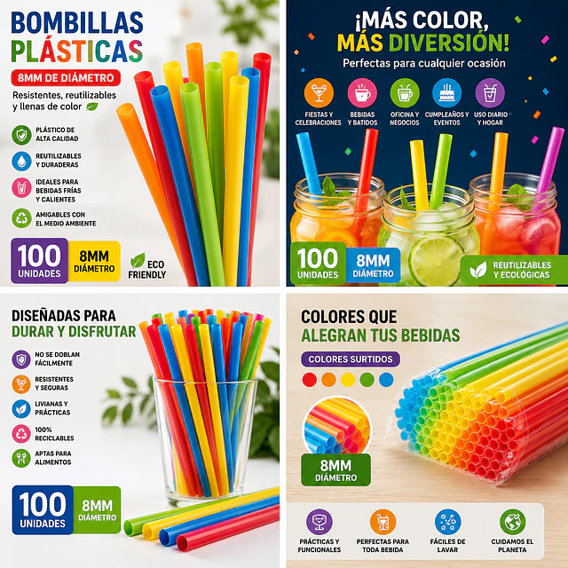 Bombilla Plastica 8 mm X 20.5 cm Surtida Desechable