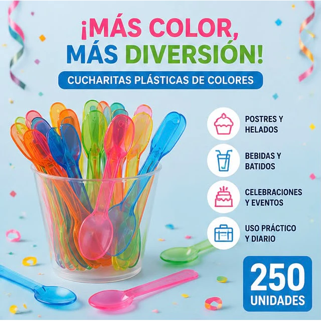 Cucharas Colores De Plástico Pequeñas Postre X 250 Unidades