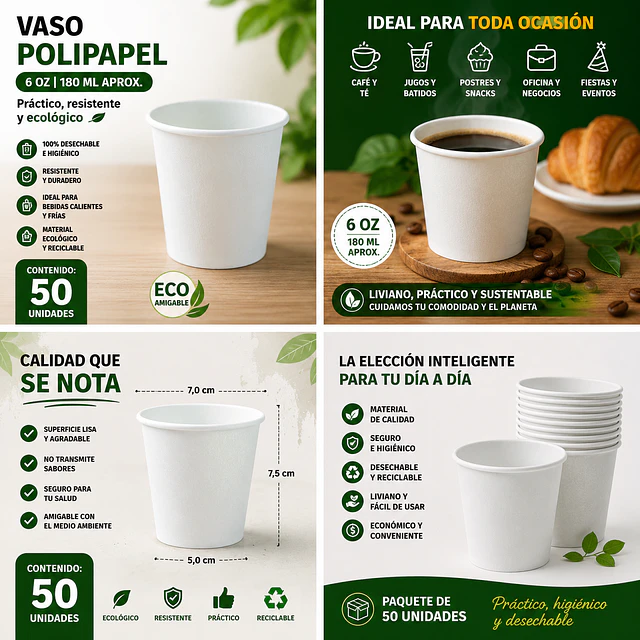 Vasos Polipapel Blanco 6oz de 50unidades 