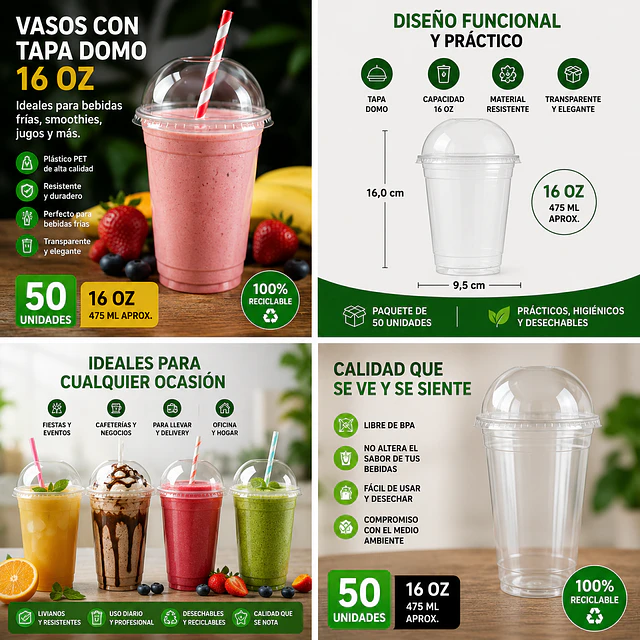 Vasos Plásticos PET Con Tapa Tipo Domo 16Oz