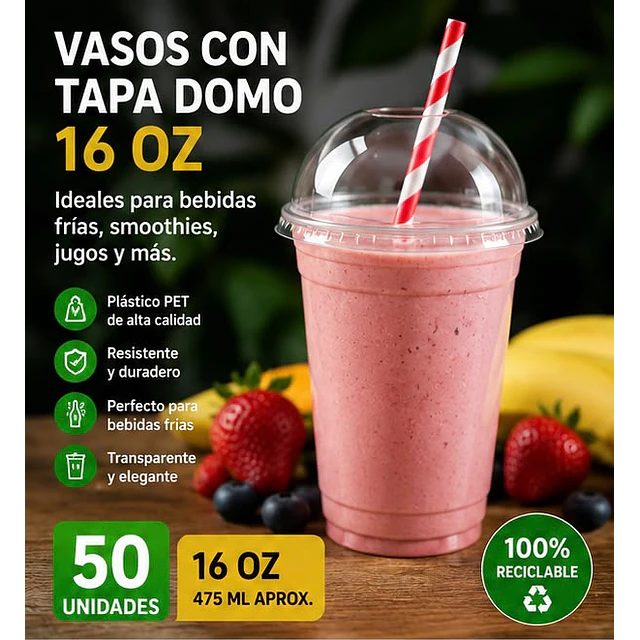 Vasos Plásticos PET Con Tapa Tipo Domo 16Oz
