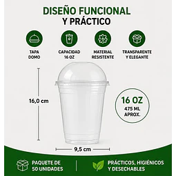 Vasos Plásticos PET Con Tapa Tipo Domo 16Oz