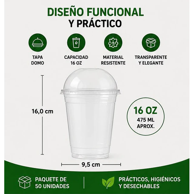 Vasos Plásticos PET Con Tapa Tipo Domo 16Oz