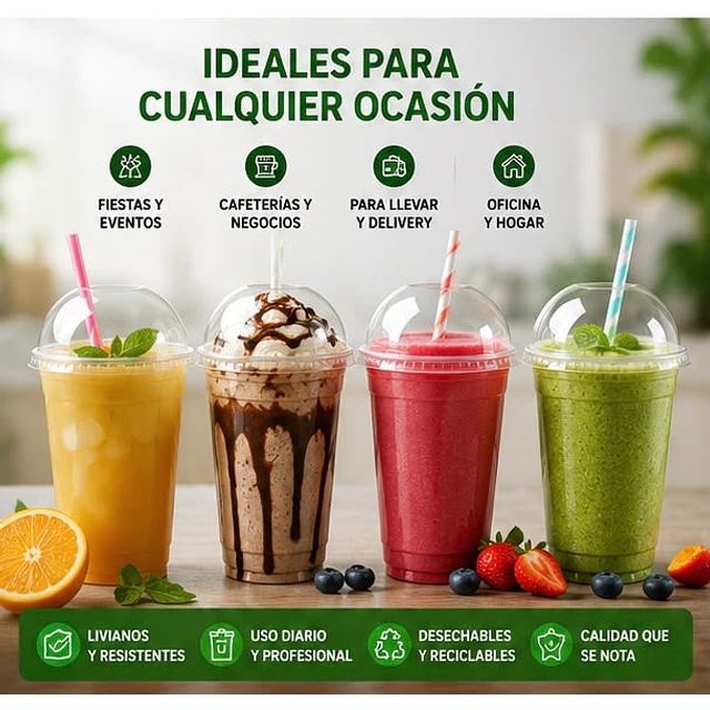 Vasos Plásticos PET Con Tapa Tipo Domo 16Oz