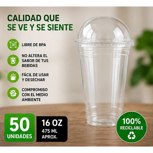 Vasos Plásticos PET Con Tapa Tipo Domo 16Oz