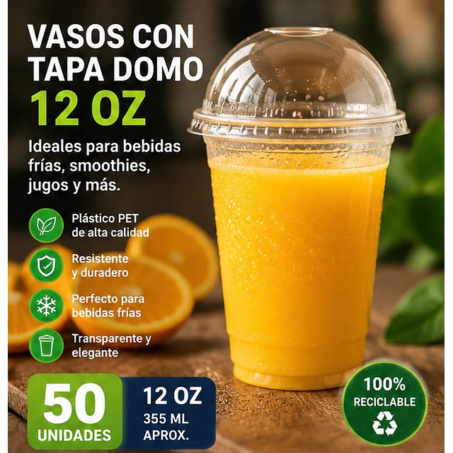 Vasos Plásticos PET Con Tapa Tipo Domo 12Oz