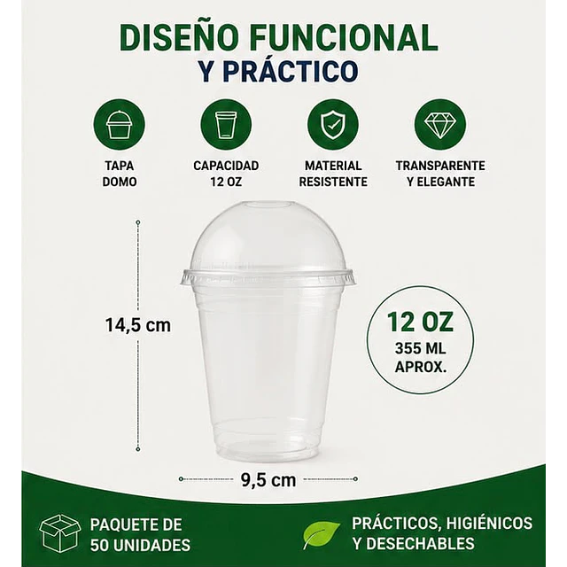 Vasos Plásticos PET Con Tapa Tipo Domo 12Oz