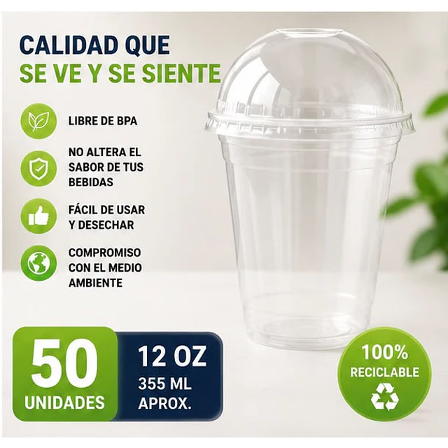 Vasos Plásticos PET Con Tapa Tipo Domo 12Oz