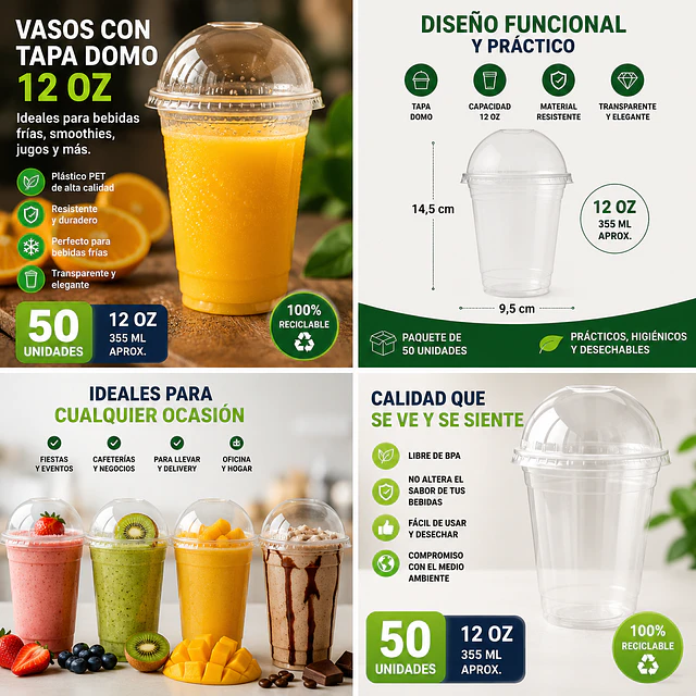 Vasos Plásticos PET Con Tapa Tipo Domo 12Oz