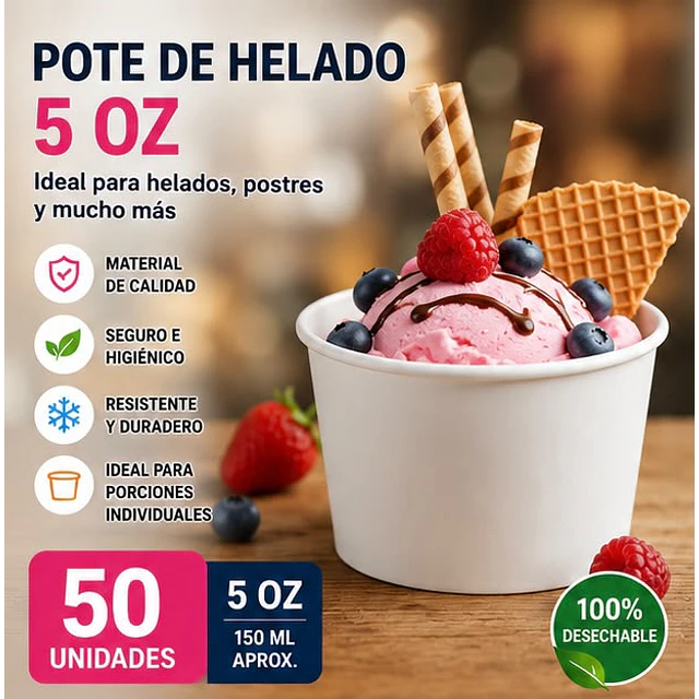 Pote De Helado Blanco Pack De 50unidades 5Oz