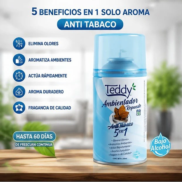 Ambientador Teddy Aroma Anti Tabaco 5 En 1 De 250ml