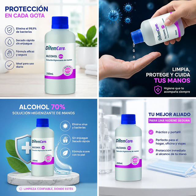 Alcohol Higienizante de manos 70% Difem 250ml 