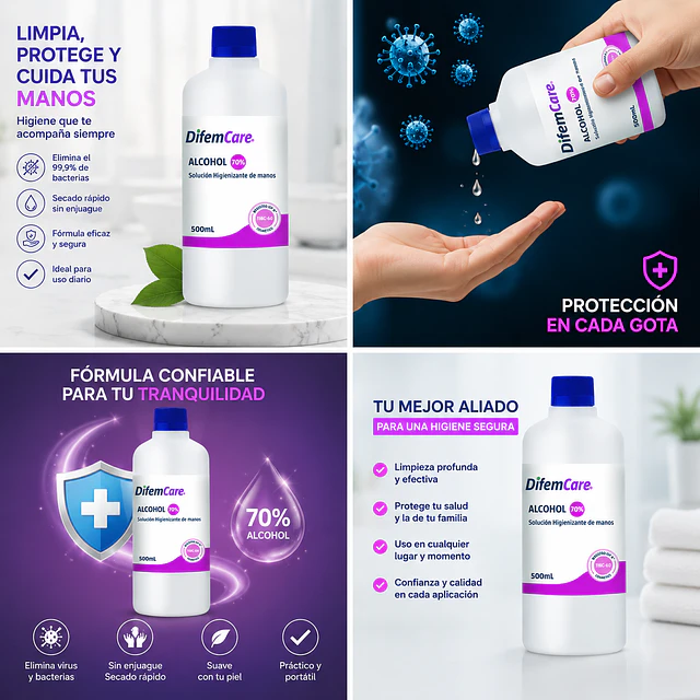 Alcohol Higienizante de manos 70% Difem 500ml 