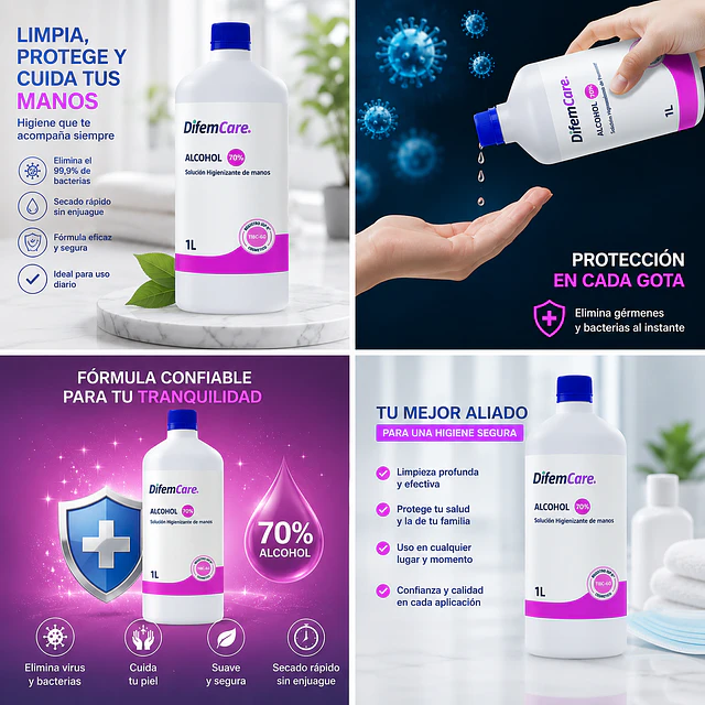 Alcohol Higienizante de manos 70% Difem 1L 