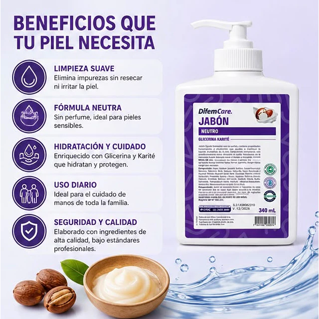 Jabon Neutro Con Glicerina Karite 340ml Difem Care