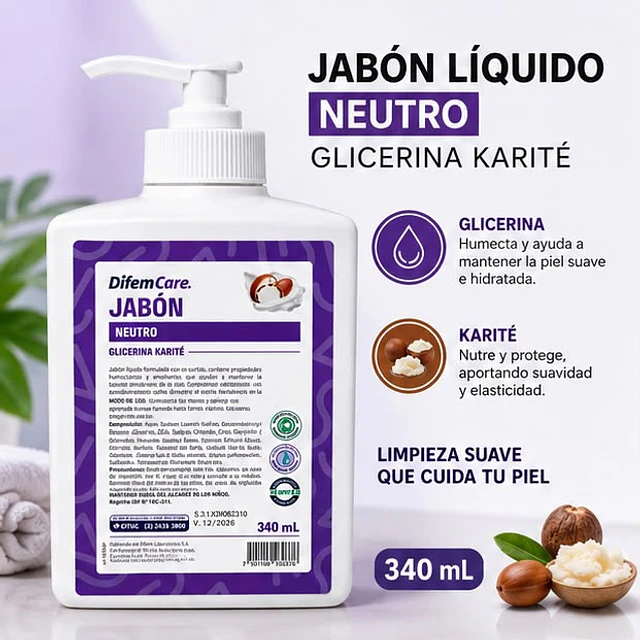 Jabon Neutro Con Glicerina Karite 340ml Difem Care