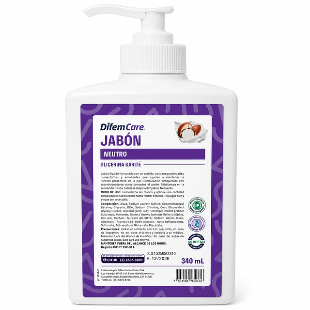 Jabon Neutro Con Glicerina Karite 340ml Difem Care