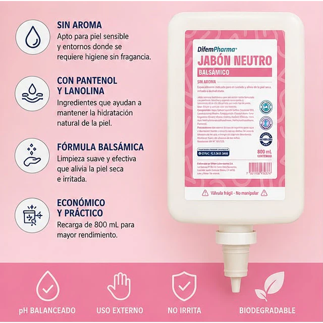 Jabón Neutro Balsámico Sin Aroma 800ml Difem Care