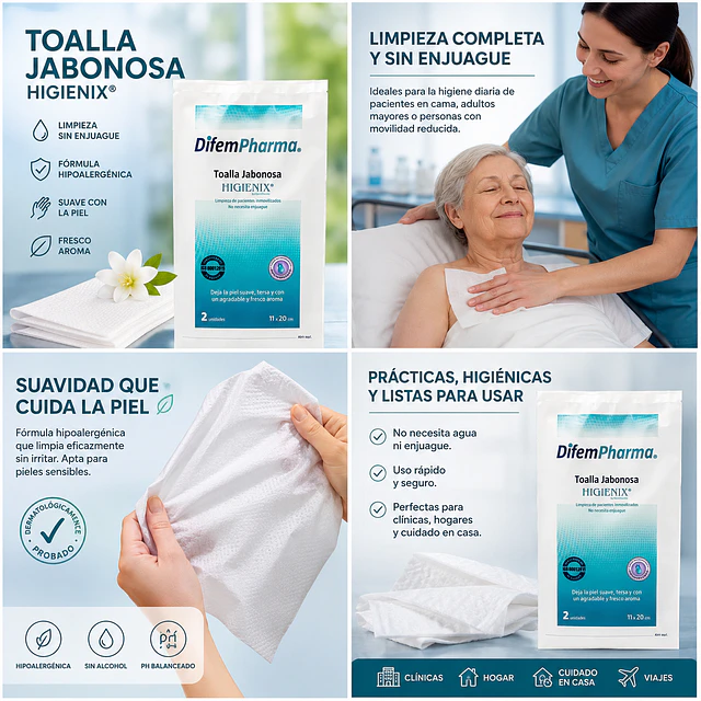 Toallas Jabonosa Higienix Difem Sin Enjuague Sobre 2 Uds