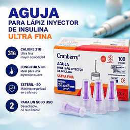 Agujas para Lápiz de Insulina - 100 Unidades | 31G x 5mm Cranberry