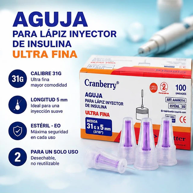 Agujas para Lápiz de Insulina - 100 Unidades | 31G x 5mm Cranberry