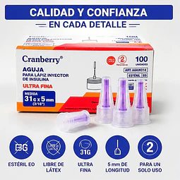 Agujas para Lápiz de Insulina - 100 Unidades | 31G x 5mm Cranberry