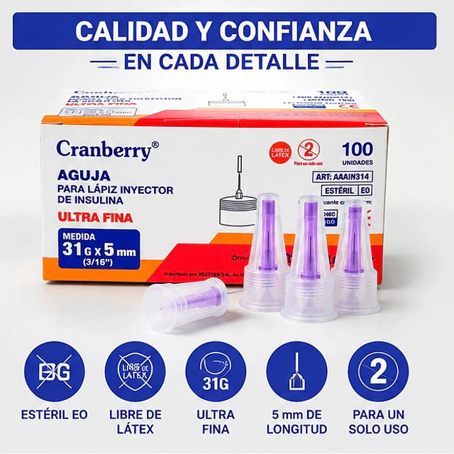 Agujas para Lápiz de Insulina - 100 Unidades | 31G x 5mm Cranberry