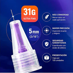 Agujas para Lápiz de Insulina - 100 Unidades | 31G x 5mm Cranberry