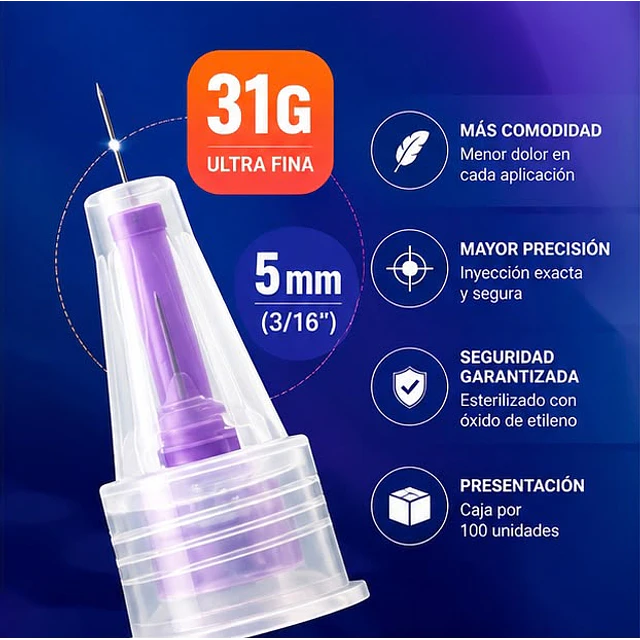Agujas para Lápiz de Insulina - 100 Unidades | 31G x 5mm Cranberry