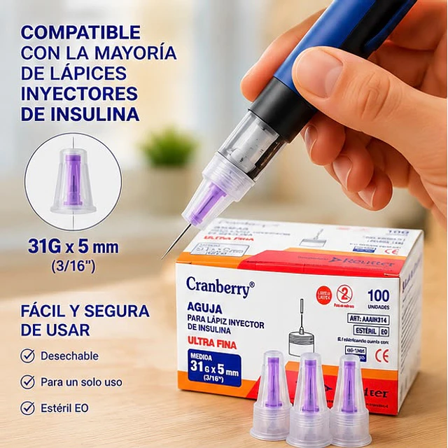 Agujas para Lápiz de Insulina - 100 Unidades | 31G x 5mm Cranberry