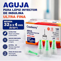 Agujas para Lápiz de Insulina - 100 Unidades | 32G x 4mm Cranberry