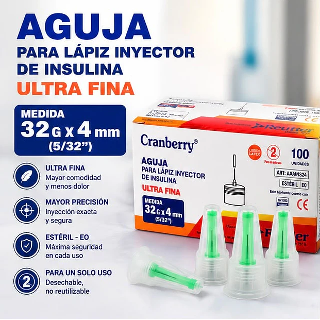 Agujas para Lápiz de Insulina - 100 Unidades | 32G x 4mm Cranberry