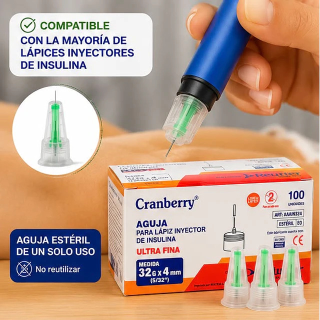 Agujas para Lápiz de Insulina - 100 Unidades | 32G x 4mm Cranberry
