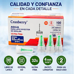 Agujas para Lápiz de Insulina - 100 Unidades | 32G x 4mm Cranberry