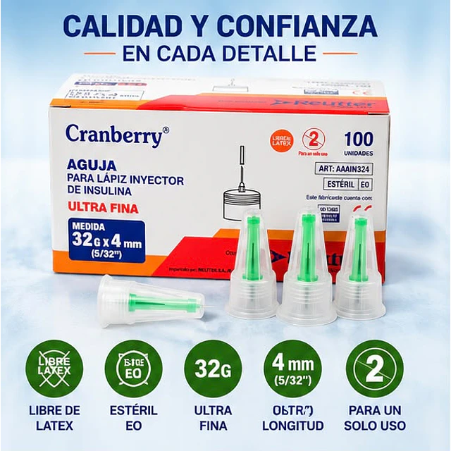 Agujas para Lápiz de Insulina - 100 Unidades | 32G x 4mm Cranberry