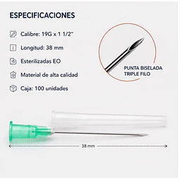 Aguja Hipodermica Cranberry 19g X 1 1/2 Caja 100 Unidades