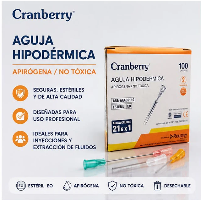 Aguja Hipodermica Cranberry 21G x 1 Caja 100 Unidades