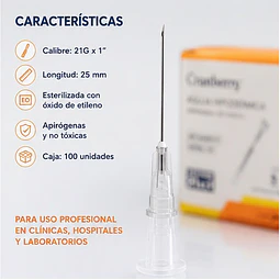 Aguja Hipodermica Cranberry 21G x 1 Caja 100 Unidades