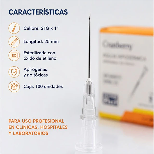 Aguja Hipodermica Cranberry 21G x 1 Caja 100 Unidades