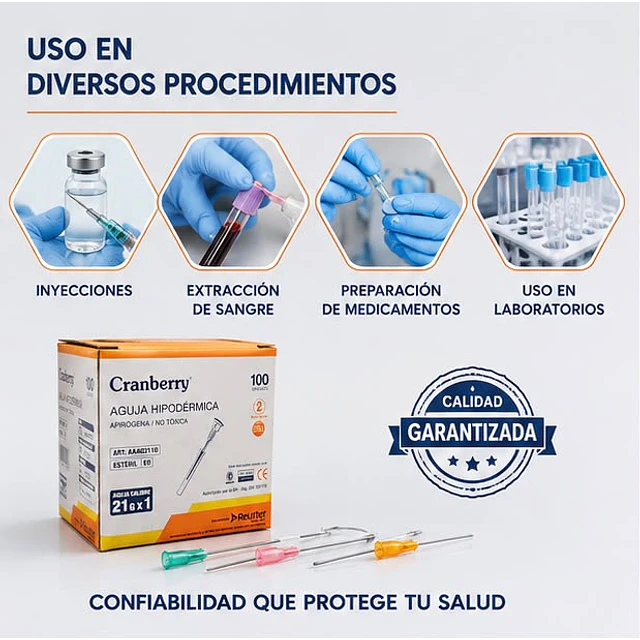 Aguja Hipodermica Cranberry 21G x 1 Caja 100 Unidades