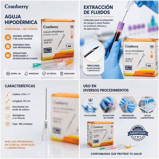 Aguja Hipodermica Cranberry 21G x 1 Caja 100 Unidades