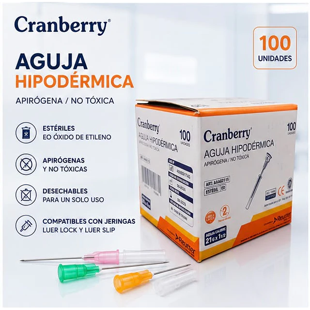 Aguja Hipodermica Cranberry 21G x 1 1/2 Caja 100 Unidades