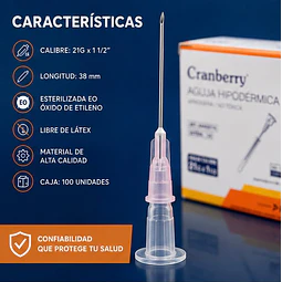 Aguja Hipodermica Cranberry 21G x 1 1/2 Caja 100 Unidades
