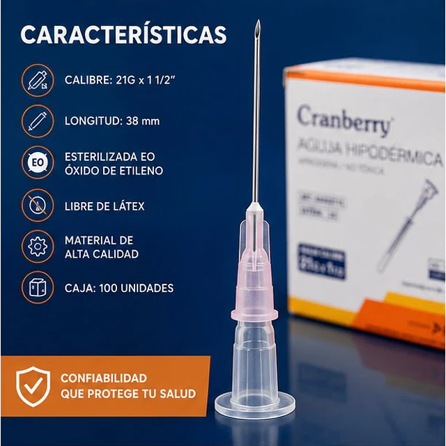 Aguja Hipodermica Cranberry 21G x 1 1/2 Caja 100 Unidades