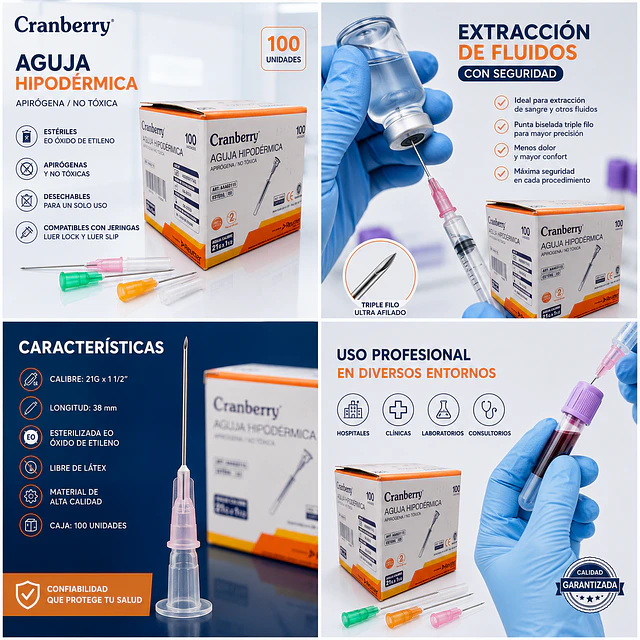 Aguja Hipodermica Cranberry 21G x 1 1/2 Caja 100 Unidades