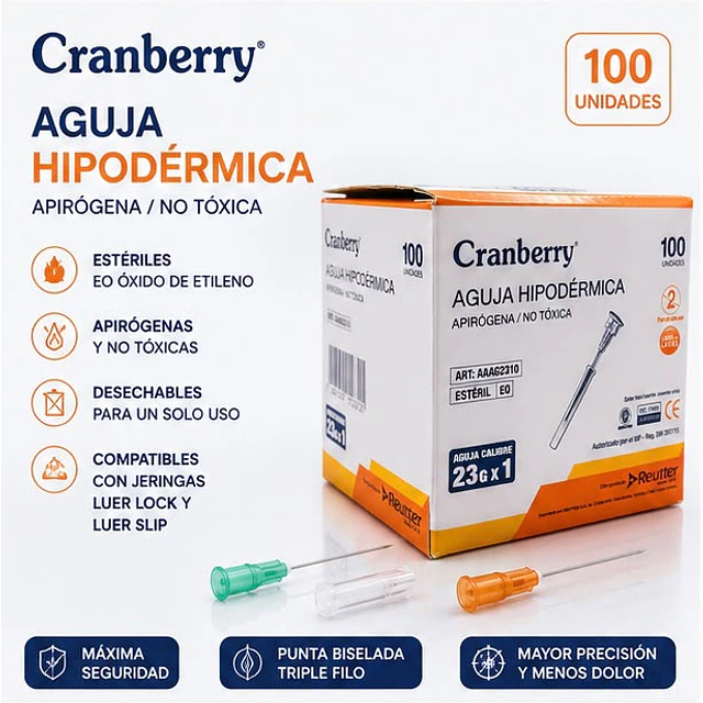 Aguja Hipodermica Cranberry 23G x 1 Caja 100 Unidades
