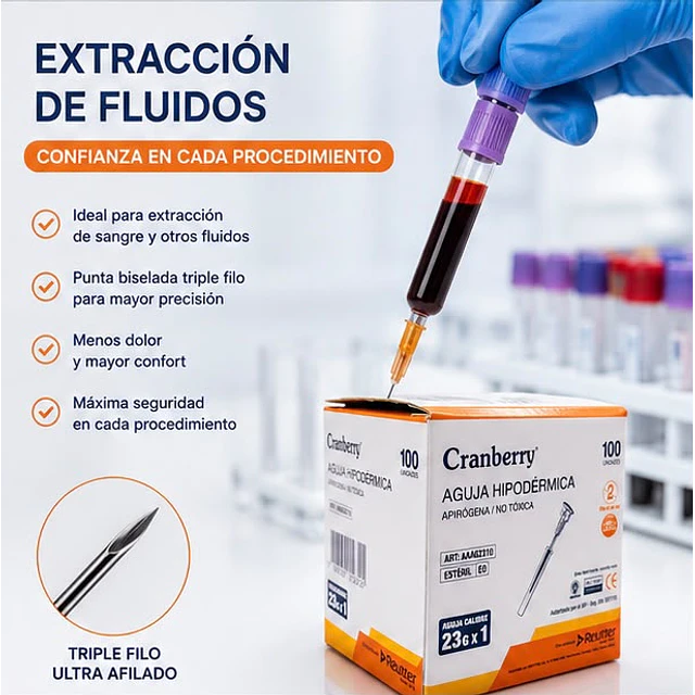 Aguja Hipodermica Cranberry 23G x 1 Caja 100 Unidades