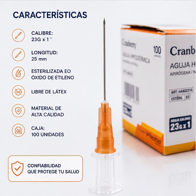 Aguja Hipodermica Cranberry 23G x 1 Caja 100 Unidades